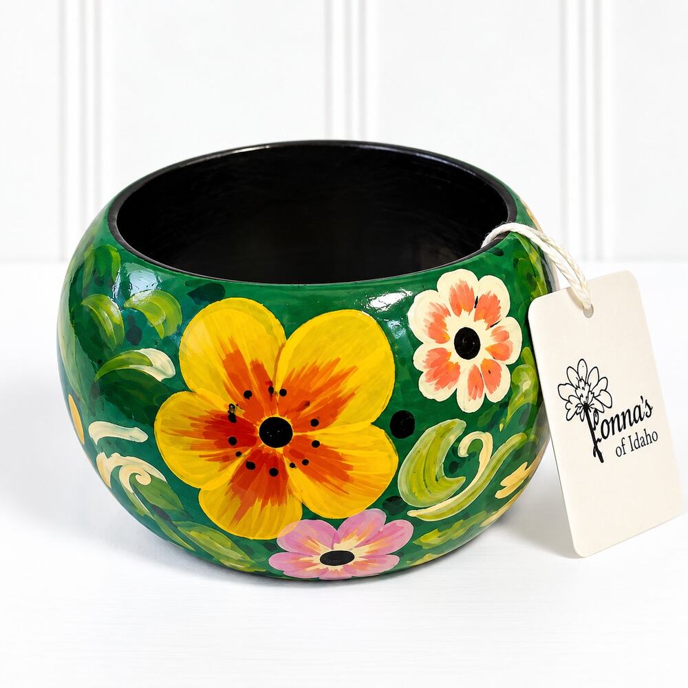 Fantasia La Moda Floral Wood Bangle Bracelet Hand Painted Green NWT